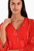 Embroidery tunic with contrast color piping in printed cotton voile